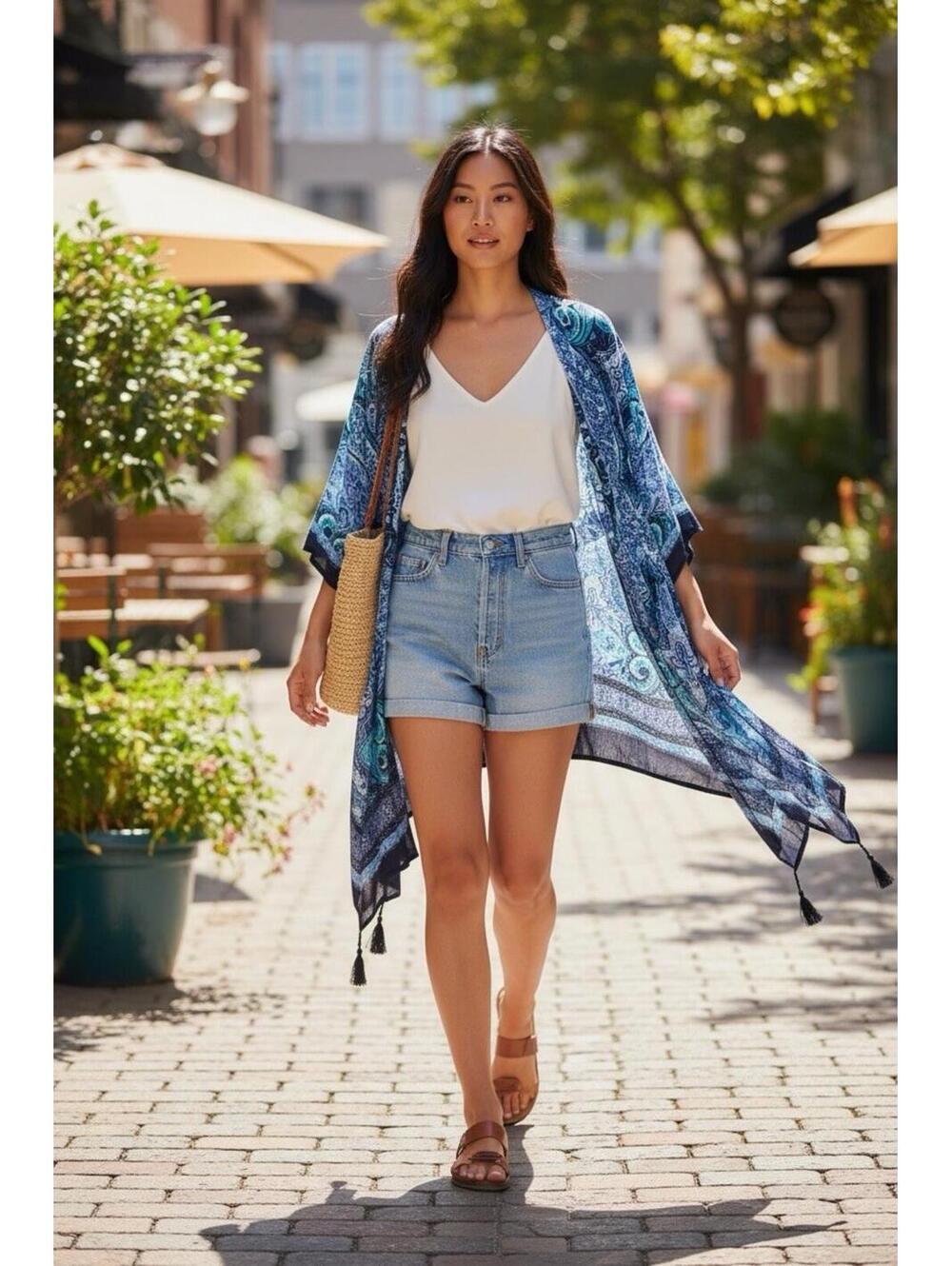 Ava & Aiden Blue & White Duster W/ Tassels Sz. OS